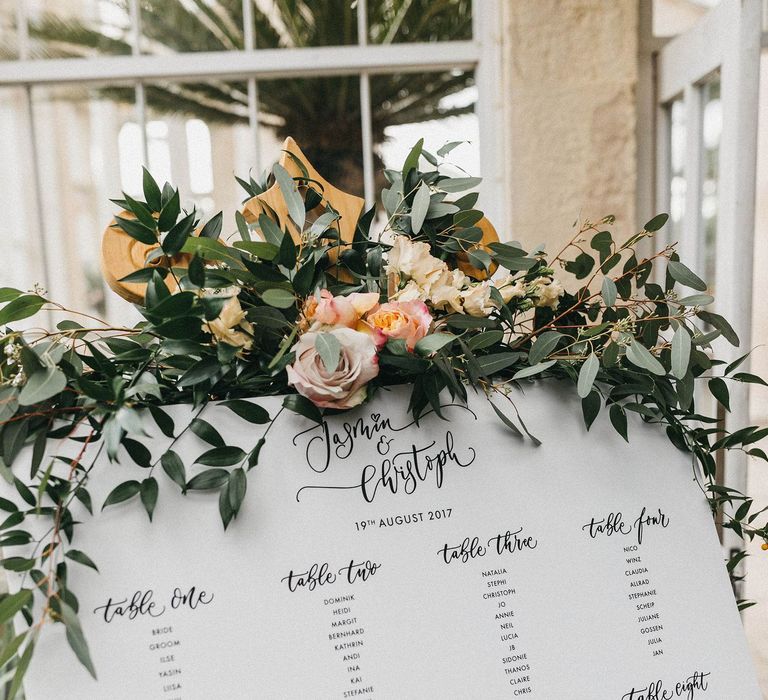 Wedding Reception Decor | Table Plan by Quill London | Flowers and Foliage | Stunning Syon Park Wedding with Quill Stationery Suite | Nancy Ebert Photography