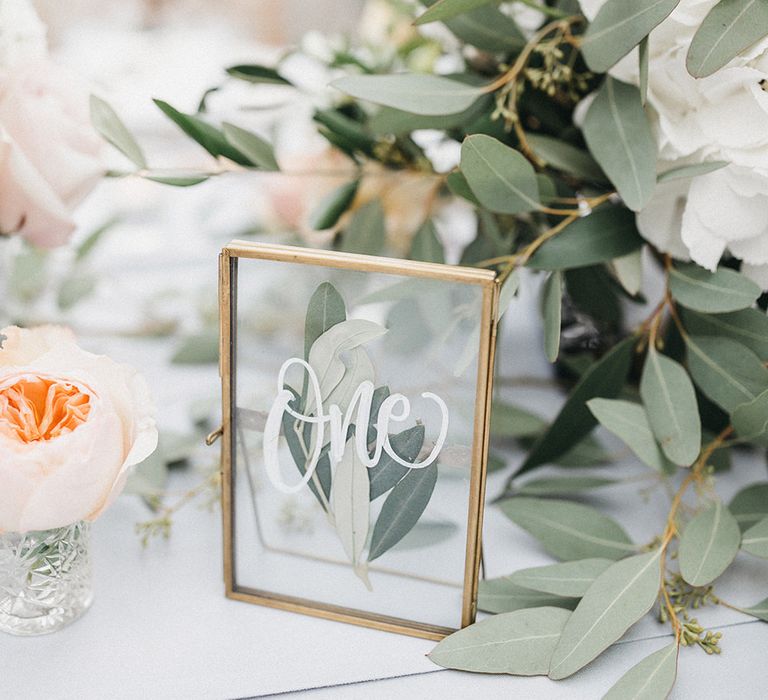 Wedding Reception Decor | Gold Framed Table Number | Grey Tablecloth | Stunning Syon Park Wedding with Quill Stationery Suite | Nancy Ebert Photography