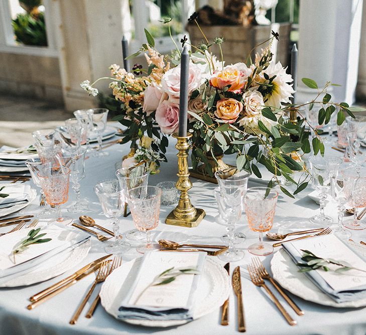 Wedding Reception Decor | Blush, Cream and Pink Floral Centrepiece | Grey Tablecloth | Gold Cutlery | Pink Goblets | Stunning Syon Park Wedding with Quill Stationery Suite | Nancy Ebert Photography