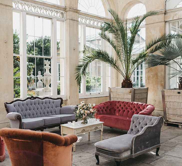 Wedding Reception Decor | Lounge Area with Vintage Furniture | Stunning Syon Park Wedding with Quill Stationery Suite | Nancy Ebert Photography