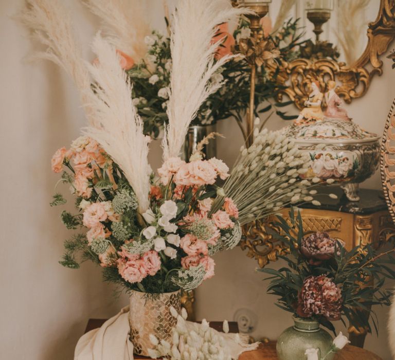 Pink and White Wedding Flower Arrangements with Foliage and Pampas Grass