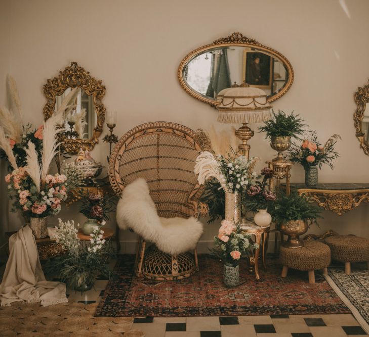 Gold Mirrors, Wicker Peacock Chair, Wool Rug and Wedding Flower Getting Ready area