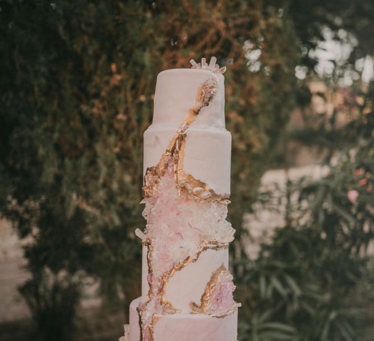 Six Tier White, Pink and Gold Geode Wedding Cake