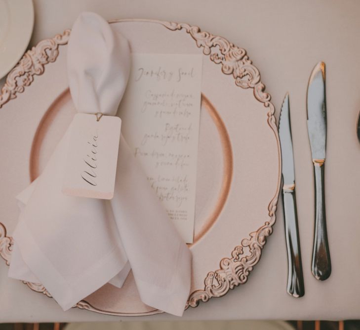 Place Setting with Ornate Tableware, Napkins and Place Name Card