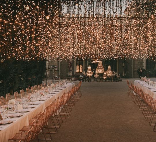 Outdoor Wedding Reception with Fairy Lights Canopy