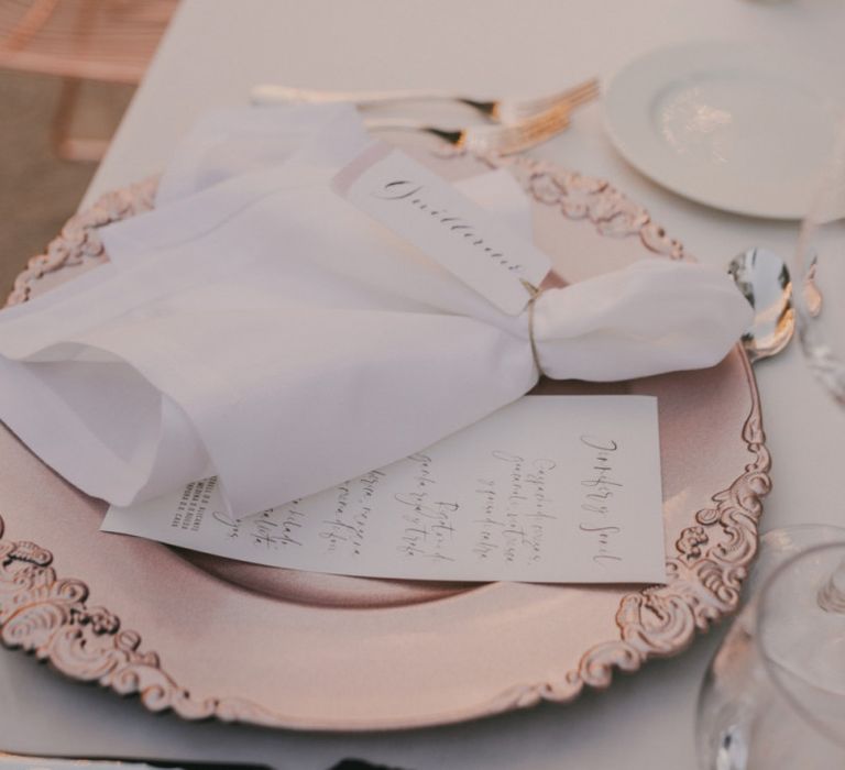 Ornate Rose Gold Charger Plate with Napkin and Manu Card