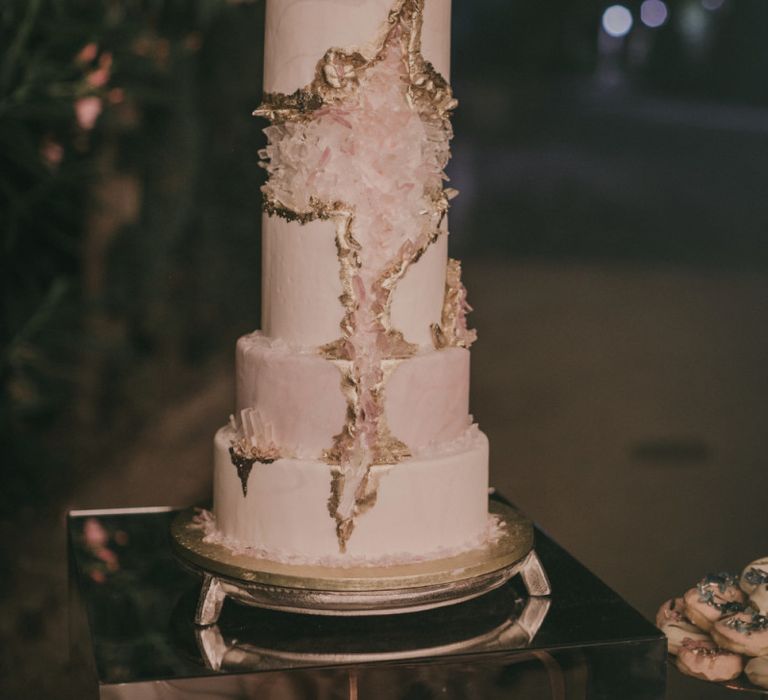 6 Tier Wedding Cake with Pink and Gold Geode Wedding Decor