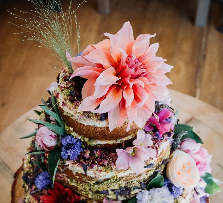 Naked Wedding Cake with Bright Flower Decoration