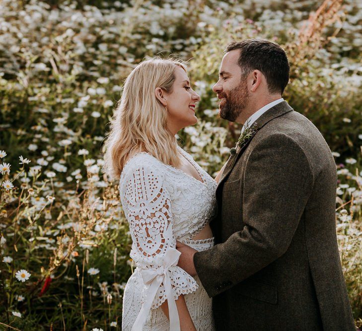 Bride and Groom Portrait with Groom in Tweed Suit