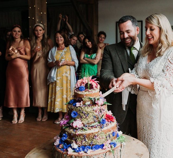 Bride and Groom Cut the Naked Wedding Cake