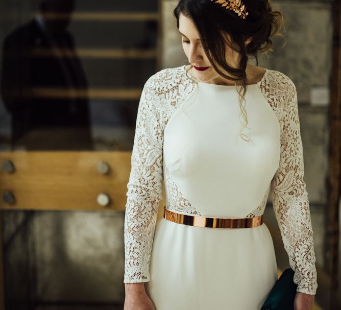 Stylish Bride in Anglet / French By Wendy Makin Wedding Dress with Lace Long Sleeves and Metallic Belt and Headdress