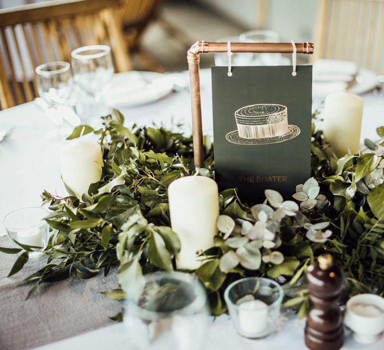 Wedding Centrepiece with Foliage and Copper Frame Table Name Sign