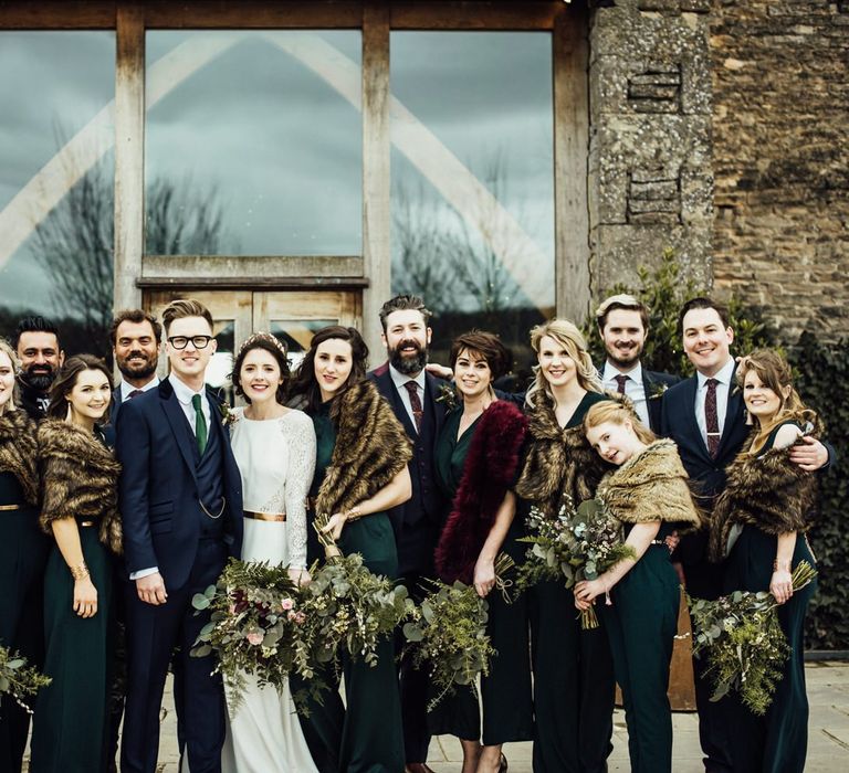 Wedding Party Portrait in Navy Blue, Forest Green and Burgundy Winter Wedding Attire