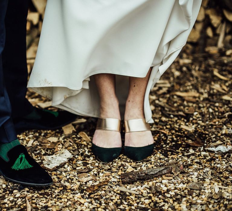 Bride and Groom in Forest Green Loafers and Slip on Shoes