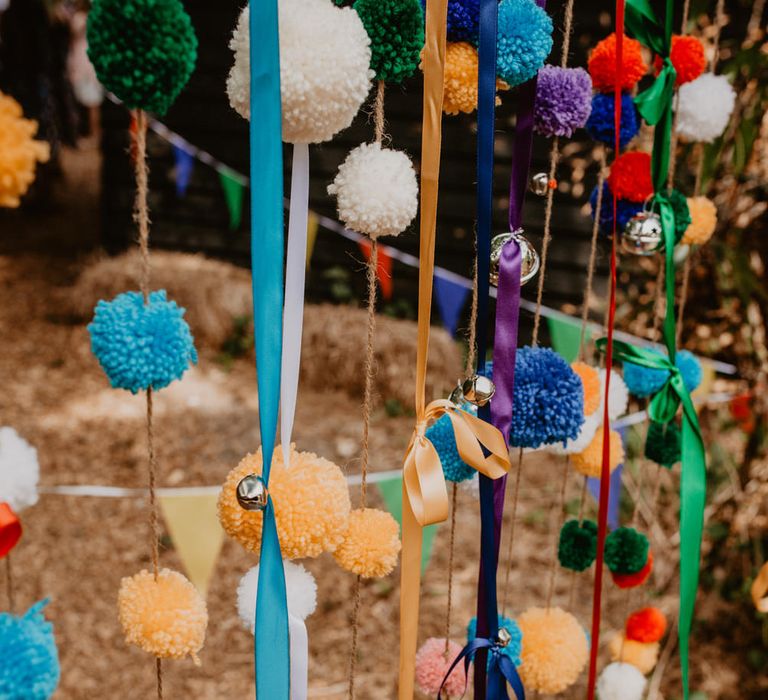 Colourful Pom Pom &amp; Ribbon Wedding Decor | Macramé &amp; Dreamcatcher Woodland Wedding at Upthorpe Wood | Camilla Andrea Photography