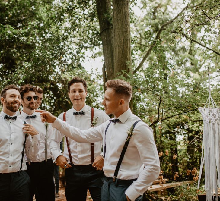 Groomsmen in Bow Ties &amp; Braces | Macramé &amp; Dreamcatcher Woodland Wedding at Upthorpe Wood | Camilla Andrea Photography