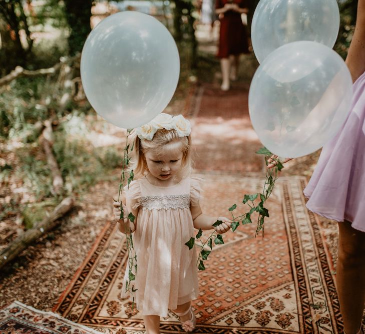 Flower Girl with Clear Balloons | Macramé &amp; Dreamcatcher Woodland Wedding at Upthorpe Wood | Camilla Andrea Photography