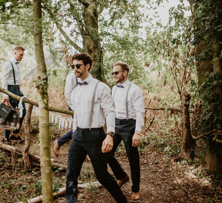 Groomsmen in Bow Tie &amp; Braces | Macramé &amp; Dreamcatcher Woodland Wedding at Upthorpe Wood | Camilla Andrea Photography