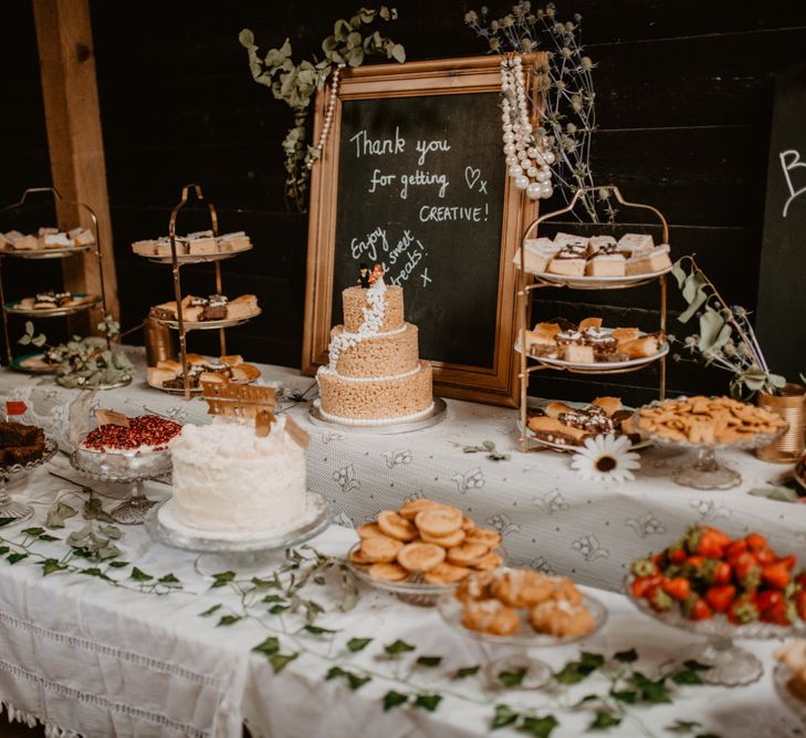 Bake Off Cake Table | Macramé &amp; Dreamcatcher Woodland Wedding at Upthorpe Wood | Camilla Andrea Photography