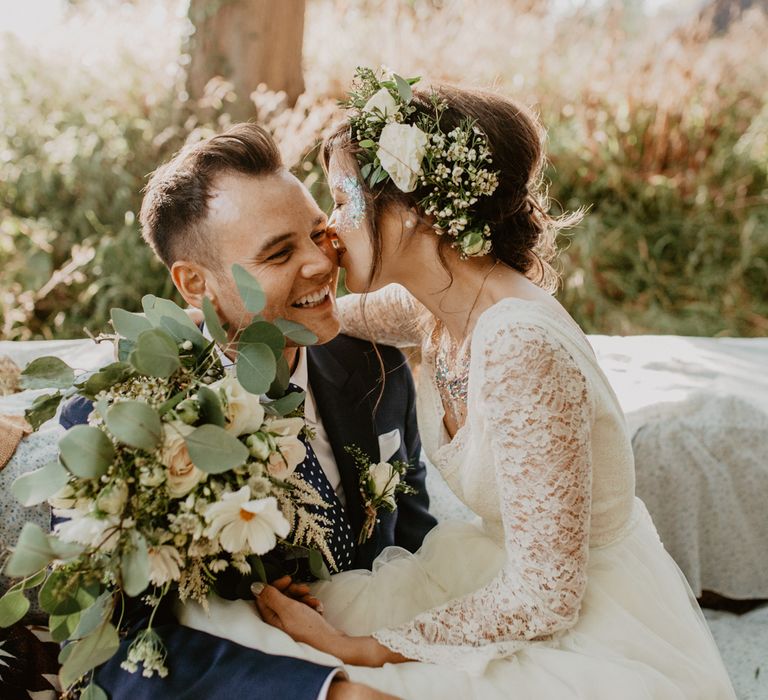 Boho Bride in Flower Crown &amp; Kula Tsurdui  Wedding Dress | Groom in Navy Blue Suit  | Macramé &amp; Dreamcatcher Woodland Wedding at Upthorpe Wood | Camilla Andrea Photography