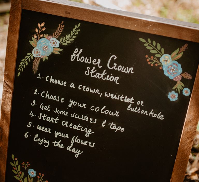 Flower Crown Station Chalkboard Wedding Sign | Macramé &amp; Dreamcatcher Woodland Wedding at Upthorpe Wood | Camilla Andrea Photography