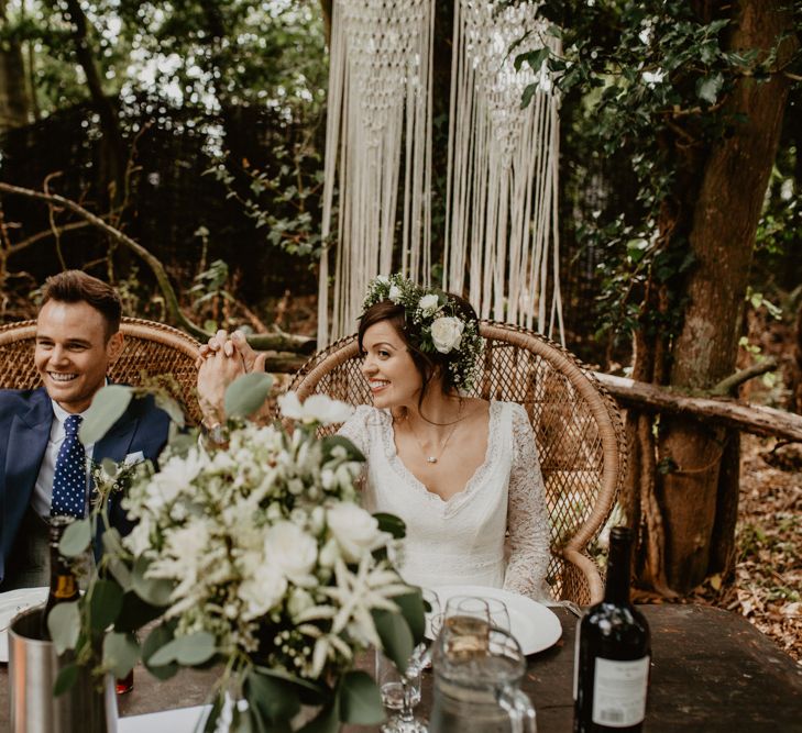 Sweetheart Table &amp; Peacock Chairs | Wedding Decor | Macramé &amp; Dreamcatcher Woodland Wedding at Upthorpe Wood | Boho Bride in Flower Crown &amp; Kula Tsurdui  Wedding Dress | Groom in Navy Blue Suit  | Camilla Andrea Photography