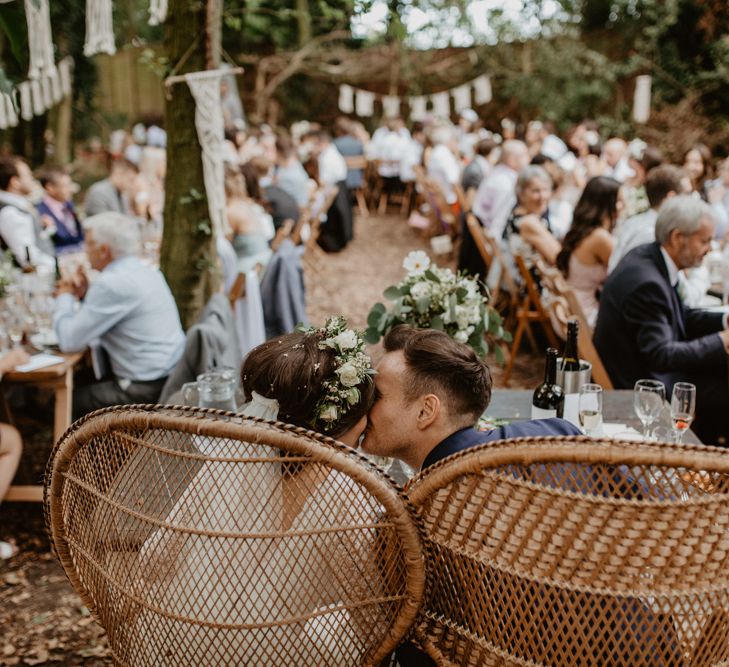 Sweetheart Table &amp; Peacock Chairs | Wedding Decor | Macramé &amp; Dreamcatcher Woodland Wedding at Upthorpe Wood | Boho Bride in Flower Crown &amp; Kula Tsurdui  Wedding Dress | Groom in Navy Blue Suit  | Camilla Andrea Photography