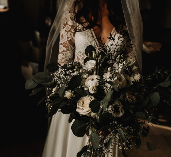 Green and White Bridal Bouquet with Roses, Gypsophila and Foliage