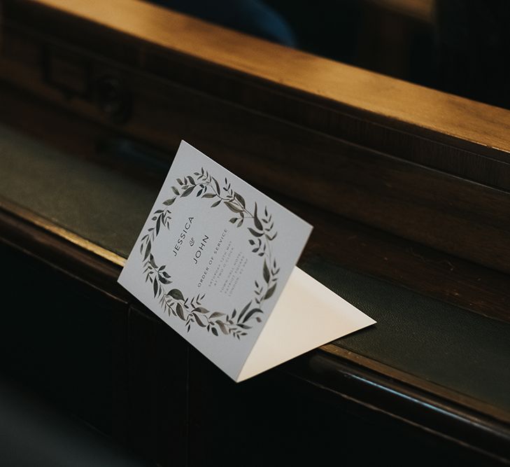 Wedding Order of Service by Papier | Statement Floral Arrangement Altar and Potted Plants with Copper Frame Table Plan and Lace Jacket | Miss Gen Photography