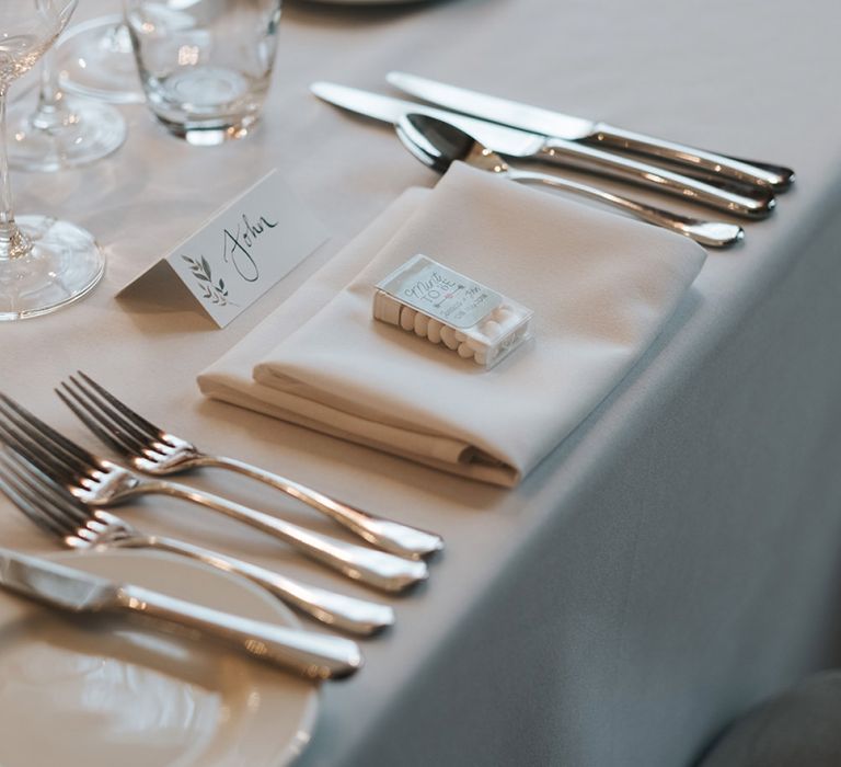 Papier Place Cards | Mint Box Favours | Statement Floral Arrangement Altar and Potted Plants with Copper Frame Table Plan and Lace Jacket | Miss Gen Photography