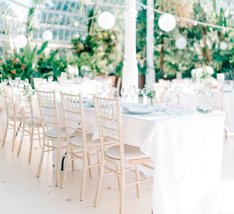 White Flower &amp; Foliage Wedding Decor  // Giselle Dress By Anna Campbell Sefton Park Palm House Wedding Photography By Sarah Jane Ethan