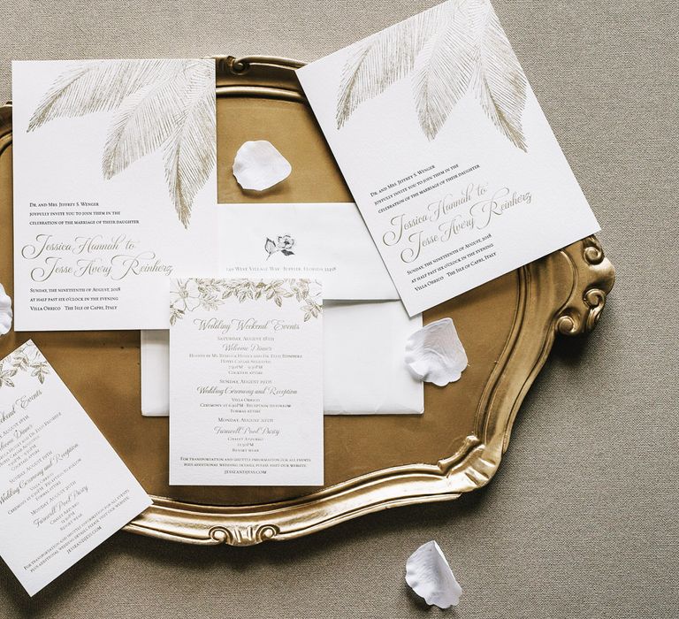 Elegant Wedding Stationery on Gold Serving Platter