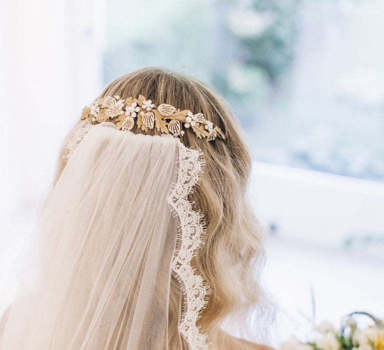 Lace Edged Wedding Veil and Gold Headpiece