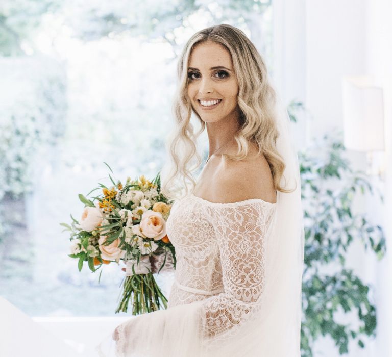 Boho Bride in Bardot Tulle and Lace Flora Bridal Wedding Dress