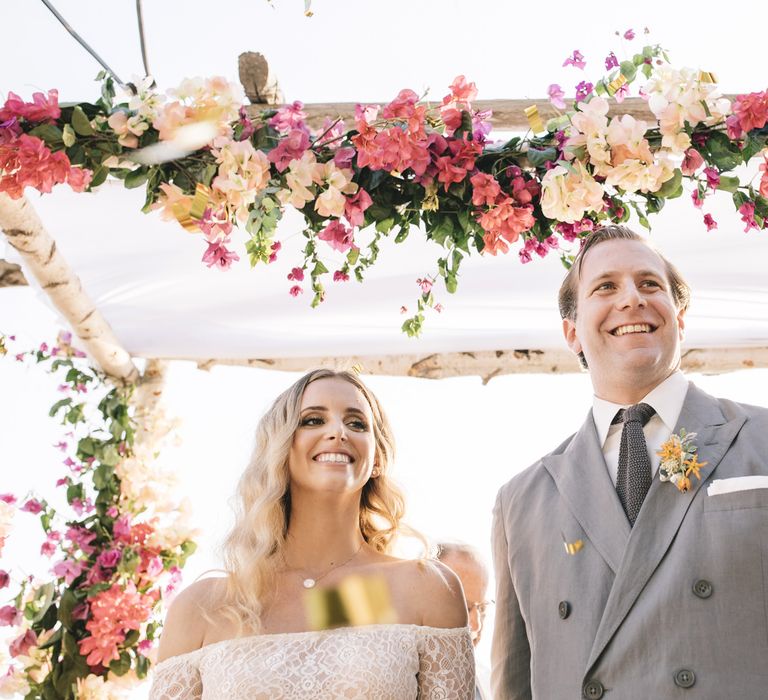 Wedding Ceremony with Boho Bride in Bardot Tulle and Lace Flora Bridal Wedding Dress and Groom in Grey Suit