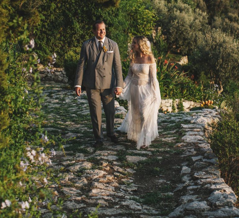 Boho Bride in Bardot Tulle and Lace Flora Bridal Wedding Dress and Groom in Grey Ralph Lauren Suit