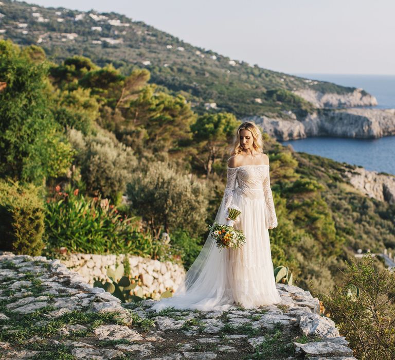 Boho Bride in Bardot Tulle and Lace Flora Bridal Wedding Dress