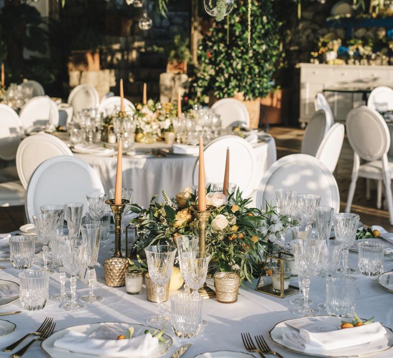 Peach Flower and Foliage Table Centrepiece with Taper Candles