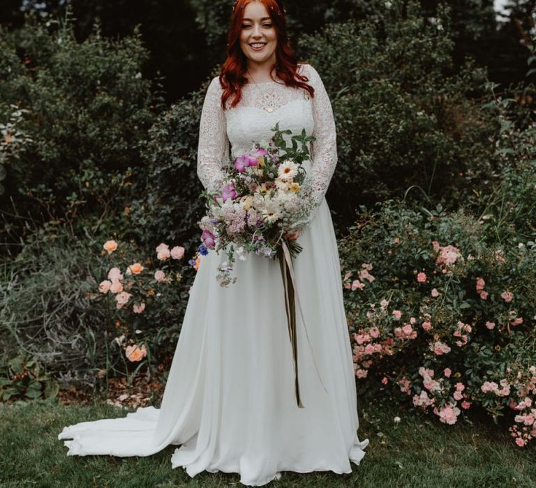 Bride With WildFlower Bouquet and Lucy Can't Dance Lace Dress