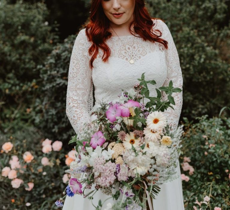 Bride For Rustic Wedding In Lace Detail Dress