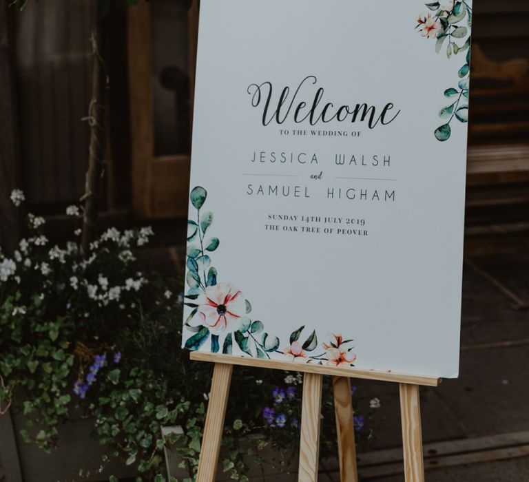 Wedding Welcome Sign With Foliage And Florals