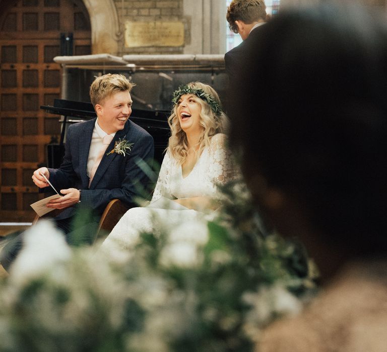 Bride and Groom Laughing During the Wedding Ceremony Readings