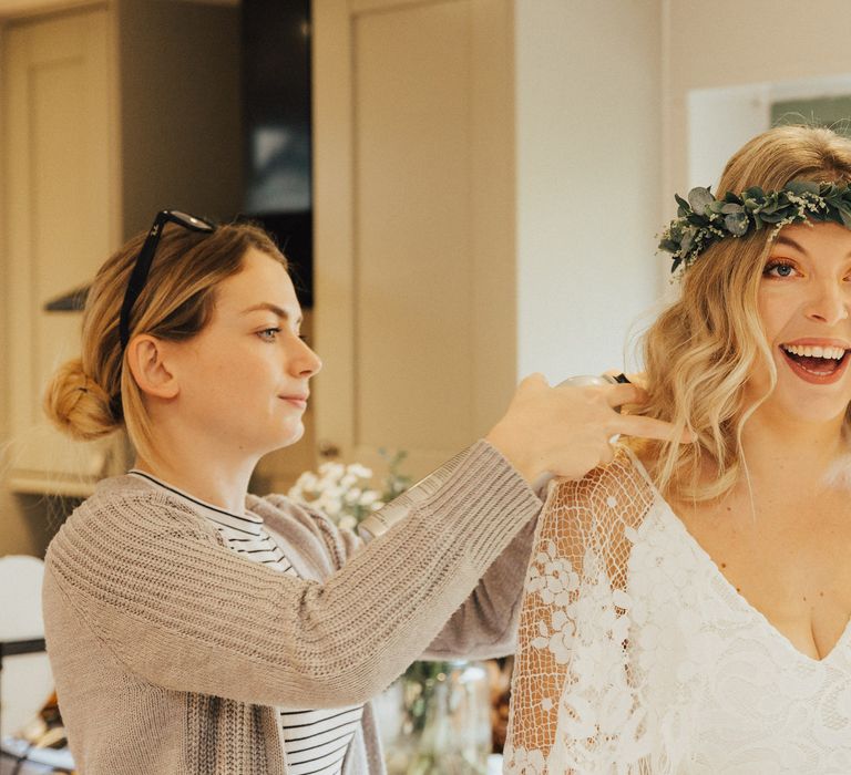 Boho Bride with Foliage Flower Crown and Loose Curls