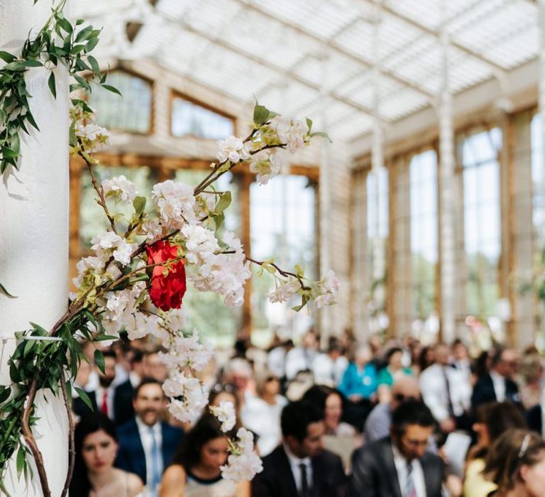 Flowers set up in the Nash Conservatory at Kew Gardens wedding