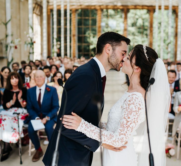 First kiss at nash conservatory wedding at Kew Gardens wedding.