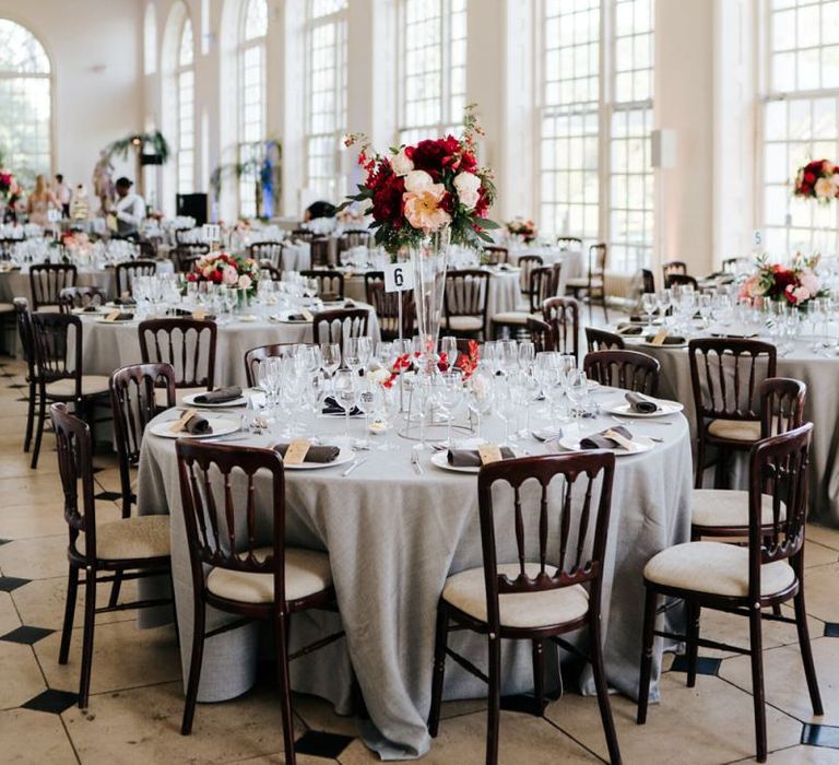 Pink flower centrepieces at Kew Gardens wedding