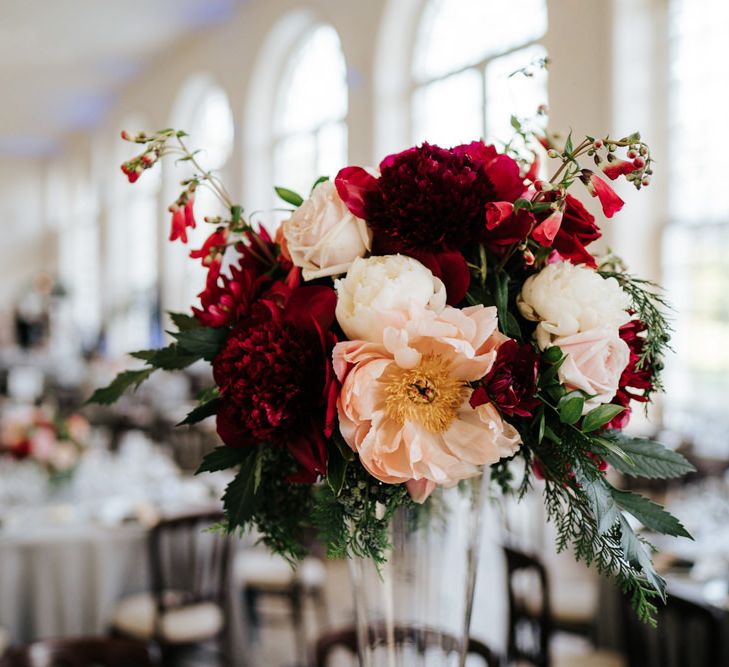 Pink flower centrepieces at Kew Gardens wedding