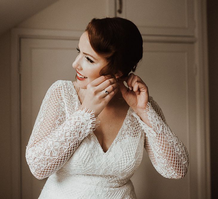 Bride in Watters wedding dress getting ready for Snowdonia wedding