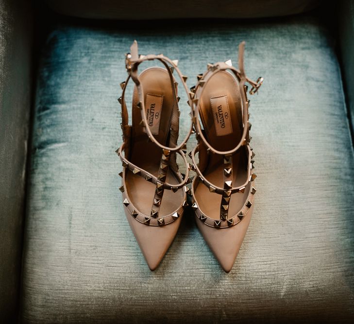 Nude Valentino Rockstud Shoes | String Lights, Perspex Table Signs and Paper Cranes for Industrial Wedding | Frankee Victoria Photography