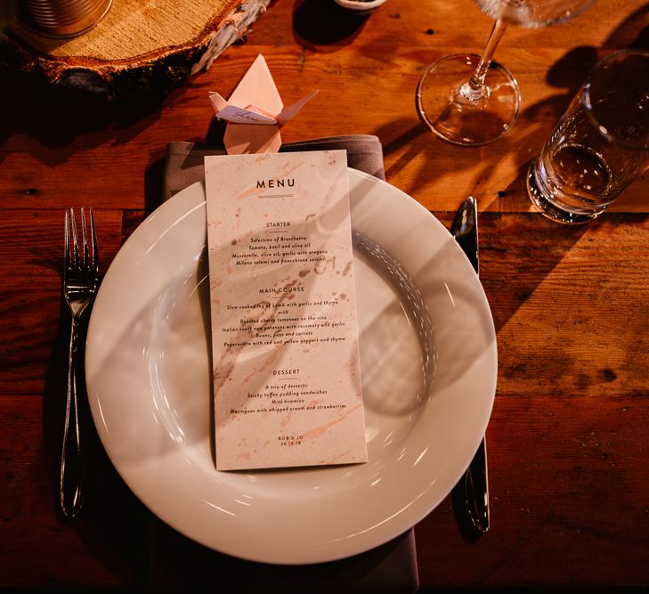 Paper Crane Place Setting | Copper Foil Wedding Breakfast Menu | Grey Napkin | Trinity Buoy Wharf Wedding Venue | String Lights, Perspex Table Signs and Paper Cranes for Industrial Wedding | Frankee Victoria Photography